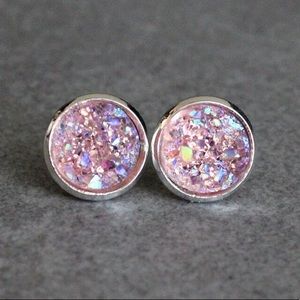 Pink Stud Earrings, Pink Earrings, Pink Druzy Stud